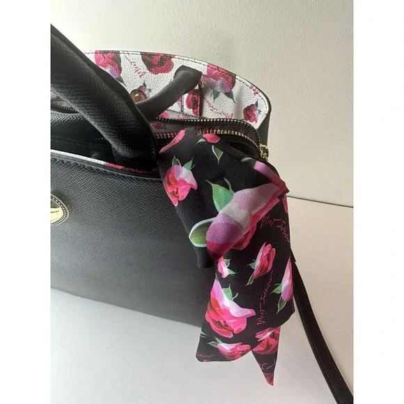 Betsey Johnson Gigi Triple Compartment Satchel W/ Scarf Black Purse Shoulder Bag - Picture 10 of 13